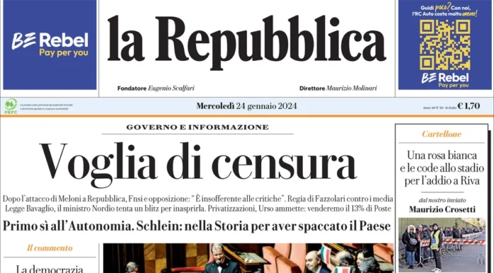Repubblica, Meloni, Calenda in otto atti. La prima pagina di Repubblica del 24 gennaio